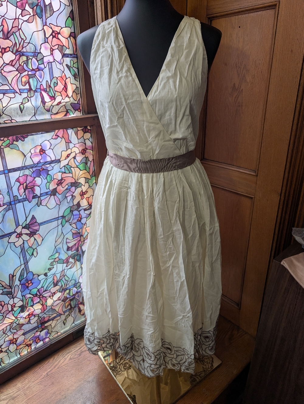 Kenar Ivory Sleeveless Wrap Midi Dress with Brown Embroidery Details